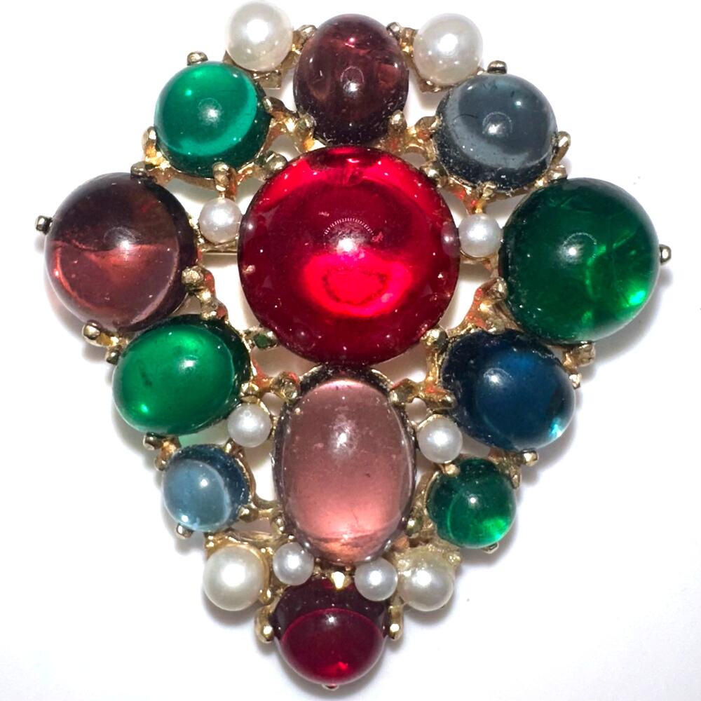 Vintage gold tone multicolor Moghul style glass cabochons pearls brooch pendant